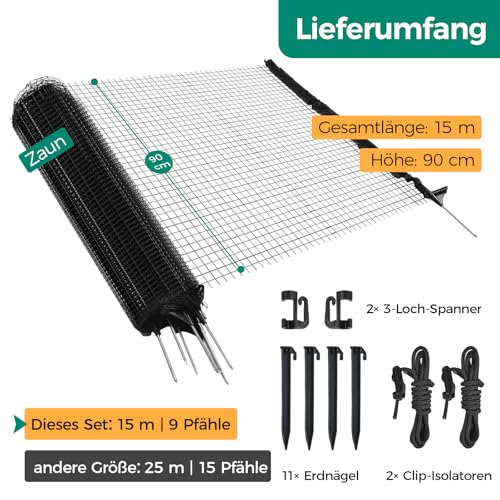 Signstek Mobiler Begrenzungszaun 90 cm hoch – 15 m Steckzaun mit 9 Pfählen, ohne Strom, engmaschig, schwarz | Hundezaun, Hühnerzaun, Gartenzaun