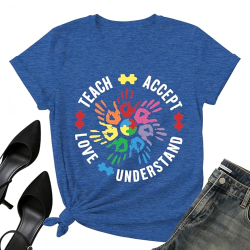 Image of Autism Teach Shirts Women Autism Awareness T Shirt Autism Support Tee Tops Autism Teacher Short Sleeve Shirt