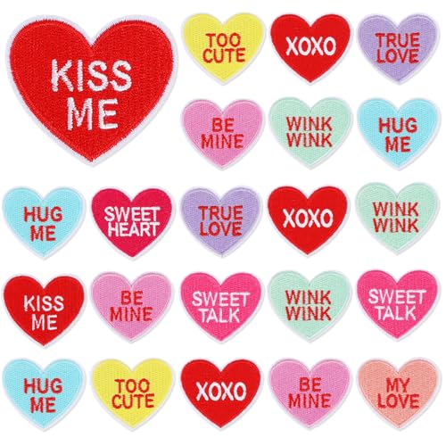 AUGSUN 30pcs Valentine's Day Iron On Patches Conversation Hearts Candy Embroidered Sew Applique Repair Patch DIY Crafts for Clothing Jacket Jeans Pants Dress Backpack Hat Decorations