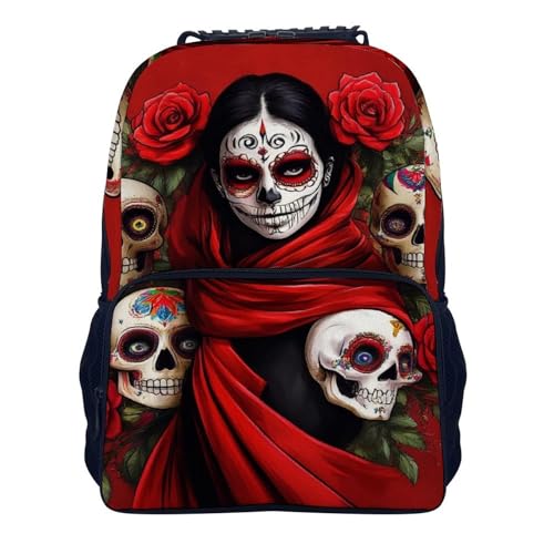Lightweight Backpack for Gym Travel Bicycle - Big Capacity Multipurpose Anti-Theft Carry On Bag, Mexican Red Rose Sugar Skull Floral Women Day Of The Dead Art Travel Hiking Bag & Day Pack