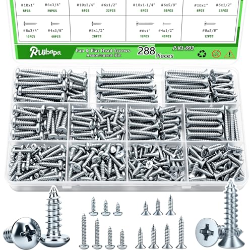 Ruibapa 288PCS Screws Assortment Kit,Self Tapping Wood Screws #4/#6/#8/#10 Screw Assortment Kit,Round Head Screws Length 3/8" to 2",Sheet Metal Screws Assorted