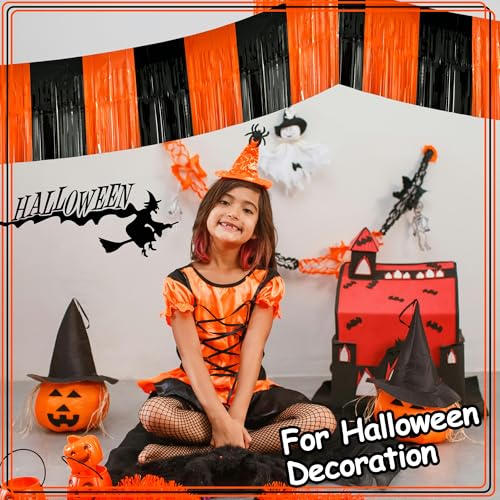 Image of 4 Pack 39 Feet Black Orange Halloween Parade Float Decorations for Trailer Car, Foil Fringe Tinsel Streamers Banner Garland for Halloween Graduation Homecoming Party Decoration (Black Orange)