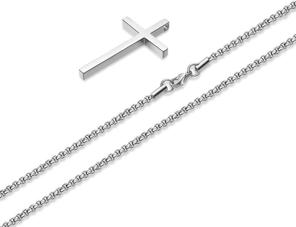 M MOOHAM Cross Necklace for Men Teen Boys, Silver Black Gold Stainless Steel Plain Cross Pendant Necklace Box Chain 16-30 Inch