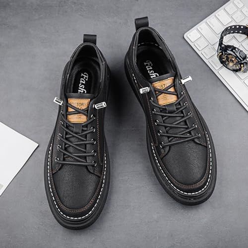 Men's Genuine Leather Fashion Sneakers Simple Handmade Low Top Round-Toe Elastic Lace Up Slip On Casual Shoes Comfortable Classic Tennis Shoes4