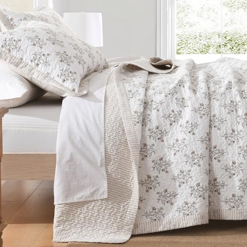 Image of 100% Cotton Quilt Set Queen Size, Queen Quilt, Floral Striped Reversible Botanical Quilted Bedspread Lightweight Comforter Bedding Set for Queen Bed, 3pcs, White /Light Camel /Gray