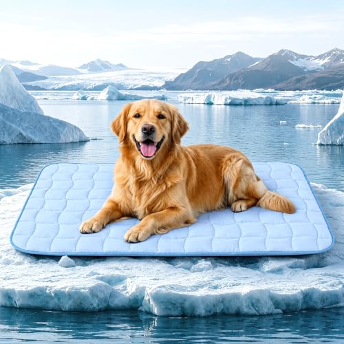 JOLLYVOGUE Cooling Mat for Dogs 44 x 32 - X-Large Dog Cooling Pad Wavy Quilted Kennels Bed with Non-Slip Base Machine Washable Indoor Outdoor Summer Sleeping Dog Mat Blue