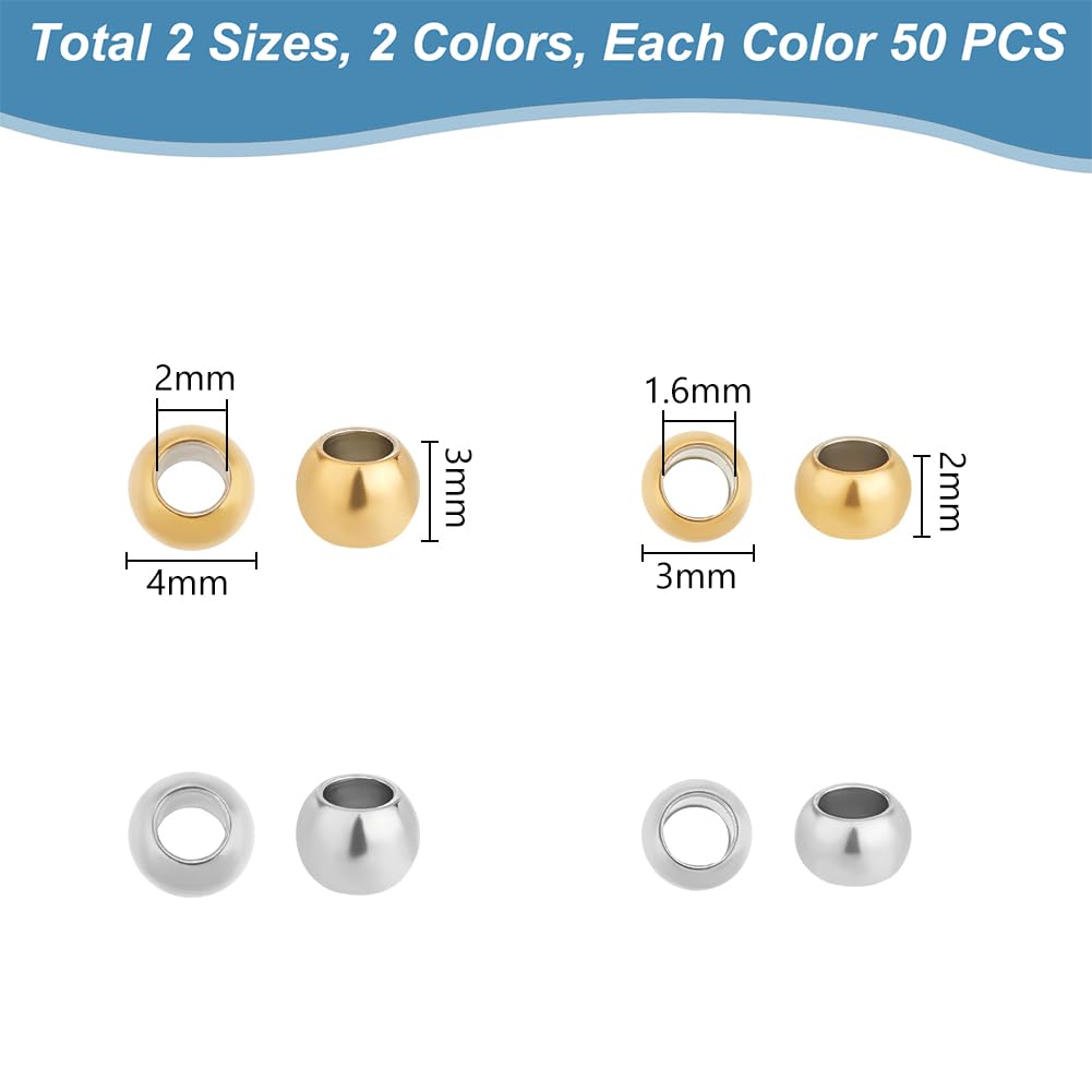 Cuentas De Acero Inoxidable 304 - 200 Unidades (dorado Y Plateado), 5 Mm, Agujero 2 Mm, Para Joyería Y Manualidades