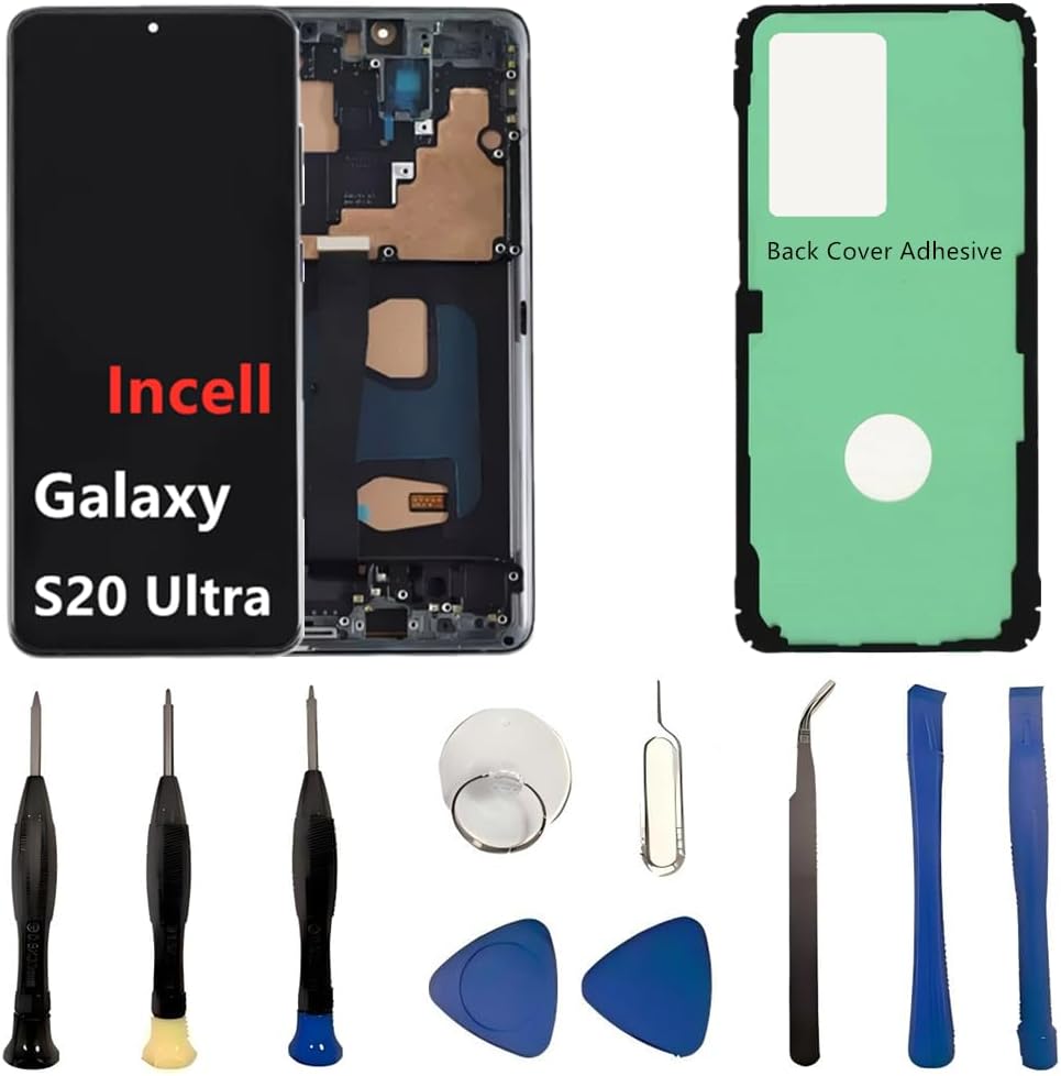 INCELL for Samsung Galaxy S20 Ultra Screen Replacement S20Ultra 5G LCD Display SM-G988U SM-G988U1 Display Touch Screen Assembly No Fingerprint. (with Black Frame+Back Cover Adhesive+Tools)