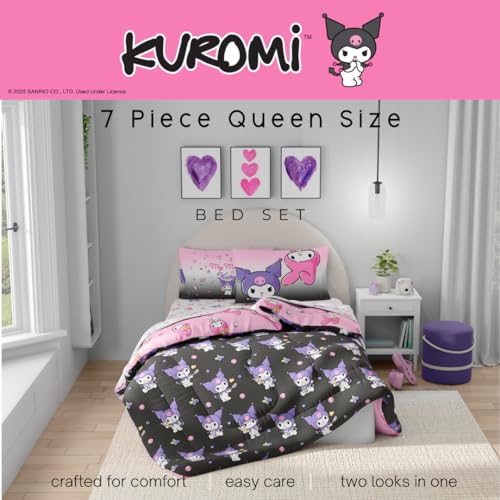 Image of Sanrio Kuromi & My Melody Bedding 7 Piece Super Soft Cozy Reversible Comforter and Sheet Set with Sham, Queen, (100% Official Licensed Product) By Franco