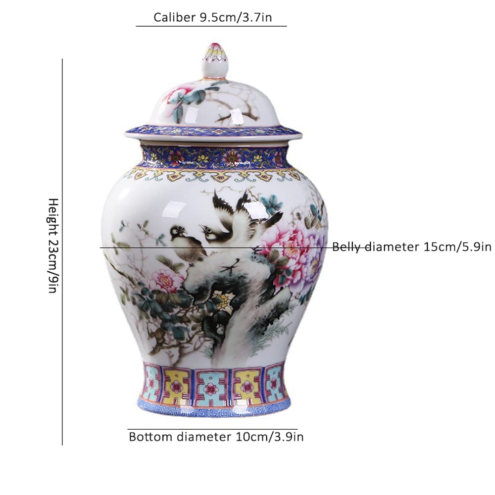 Ceramiczny garnek do imbiru z pokrywką do dekoracji domu, tradycyjny chiński naczynie świątynne z motywami kwiatów i ptaków, ręcznie wykonany wazon porcelanowy z Jin(A)
