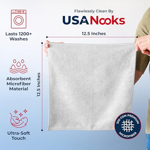 Image of USANOOKS Microfiber Cleaning Cloth - White - 12Pcs (12.5x12.5 inch) High Performance - 1200 Washes, Ultra Absorbent Car Towel Traps Grime & Liquid for Streak-Free Mirror Shine - Car Washing Cloth