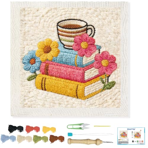 Image of BEUNITONE Book and Flower Punch Needle Kit for Adults Beginners, Complete DIY Craft Embroidery Kits with Hoop, Punch Needle Starter Craft Set for Festival Gift and Home Decor 9.4x9.4in