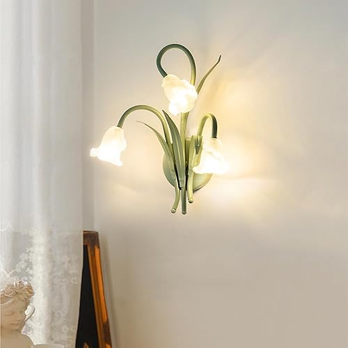 Miniatura 5 de Nordic Farmhouse Wall Sconce Frosted Glass Green Milk White Flower Vintage Wall Light for Girls Bedroom Bedside Living Room Hallway Modern Lighting