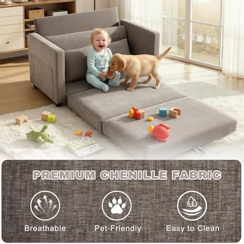 Image of 52 inch Loveseat Sleeper Sofa Bed, Convertible Small Pull Out Couch with Solid Back, 2 Pillows, Modern Upholstered Loveseat for Compact Living Room, Apartment, Bedroom, Brown