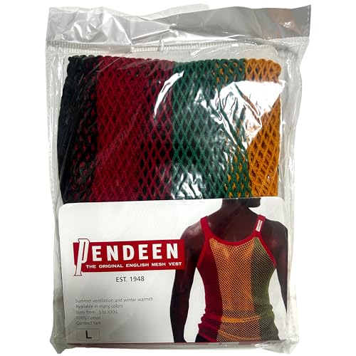 Pendeen Original English Mesh String Vest, Cotton Fishnet Tank Top, Black Red Green Gold Rasta Stripes, Medium3
