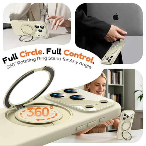 Image of Silicone 360 Spin Magnetic Stand Case for iPhone 17 Pro Max, [Compatible with Mag-Safe][Reinforced Hard Camera Protection] Liquid Silicone Rubber Phone Cover with Ring, Camera Button, Ivory