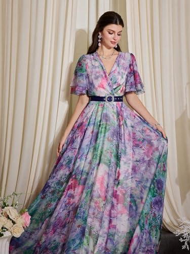 Image of TOLEEN Summer Casual Dresses for Women 2024 Spring Fashion Boho V Neck Long Sleeve Ruffle Floral Print Elegant Maxi Dress