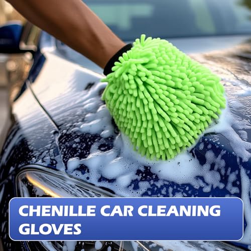 4Pcs Car Wash Mitt Microfiber Gloves Chenille Material Microfiber Towels for Car Washing Supplies Kit Scratch Free Cleaning Fluorescent Green - Image 3