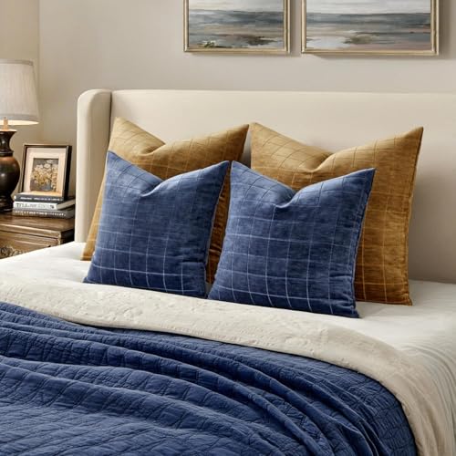 Image of MIULEE Navy Blue Plaid Decorative Throw Pillow Covers 22x22 Set of 2 | Vintage Check Chenille Couch Pillows Neutral Boho Farmhouse Cushion Covers Modern Home Decor for Sofa Bed Living Room