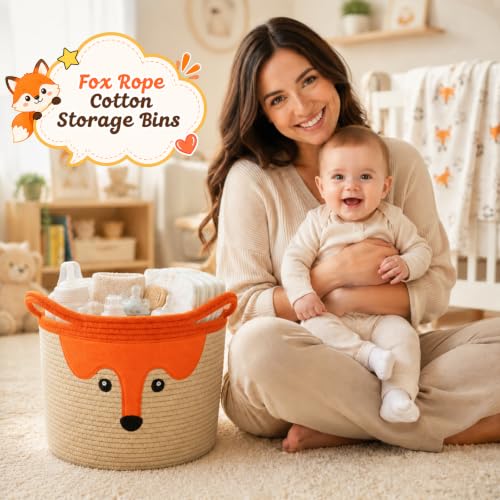 Image of Cute Fox Basket for Nursery, Large Blanket Gift Basket,14 inchDx11 inchH | Woven Rope Cotton Storage Baby Laundry 0rganizer with Animal Ears Handles,Towels Toy Clothes Gifts Storage Fox Lover Bin