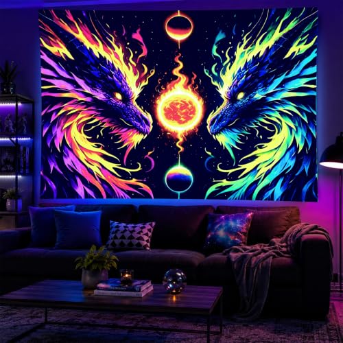 Image of BlissYard Dragon Tapestry Blacklight Tapestry 78x59 Inch UV Wall Hanging | Tapestry for Bedroom with Neon Twin Dragon Artwork for Fantasy Bedroom Dorm and Gaming Room Decor