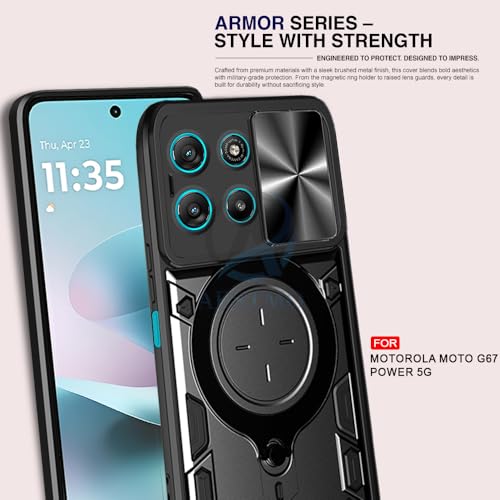 Image of AESTMO Armor Motorola Moto G67 Power / G57 Power 5G Bumper Back Case Cover | Ring Holder & CD Pattern Sliding Camera Shutter Cover | Back Case Cover for Motorola Moto G67 Power / G57 Power 5G (Black)