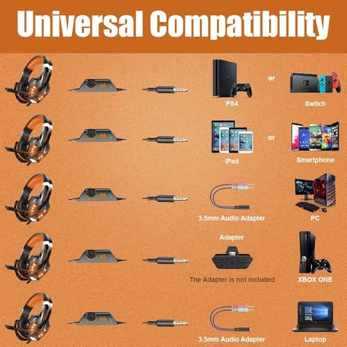 Image of BENGOO G9000 Stereo Gaming Headset for PS4, PC, Xbox One Controller, Noise Cancelling Over Ear Headphones with Mic, LED Light, Bass Surround, Soft Memory Earmuffs (Orange)