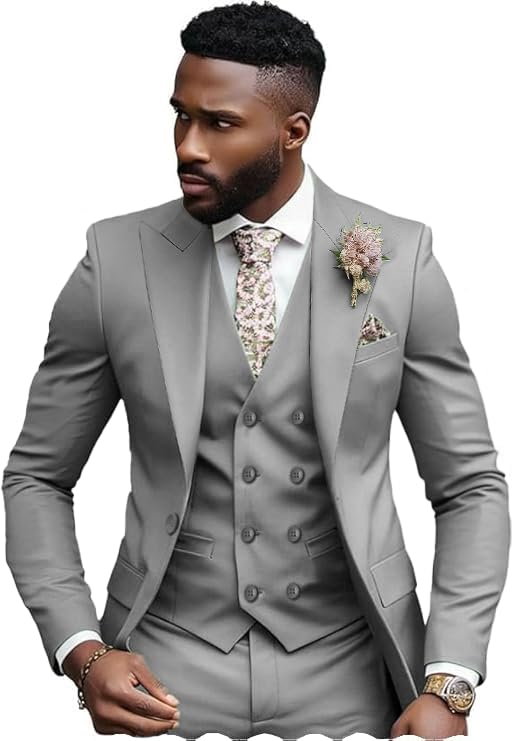 Men's Suits Regular Fit 3 Piece Tuxedos Double Breasted Peak Lapel Jacket+Waistcoat+Pants Wedding Groomsmen2