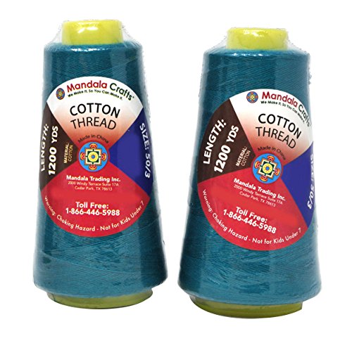 Image of Mandala Crafts Teal Mercerized Cotton Thread Cones for Sewing Quilting | 2400 Yds 50 WT, 100% Long Staple Cotton, Multipurpose, for Embroidery, Piecing, Sergers, Applique, Machine and Hand Sewing