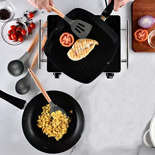 Kitchen Utensils Set, 5 Pcs Non-Stick Silicone Kitchen Cooking Utensils With Wooden Handle, Kitchen Spatula Cookware Utensils Set, Heat Resistant Silicone Kitchen Gadgets (Gray) #TOP1