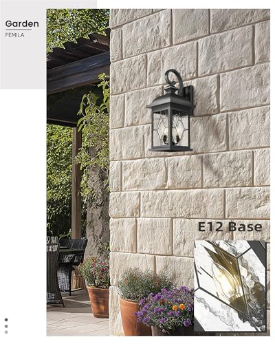 Image of FEMILA 3-Light Outdoor Wall Light, 26 inch Large Exterior Wall Lantern with Water Ripple Glass, Porch Light for Entryway, Patio, Garage, and Doorway, E12 Base, 4FD54B-L SD BK