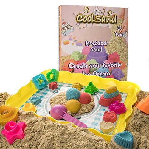CoolSand Deluxe Kit - Ice Cream Edition - Set Includes: 2 Pounds Moldable Indoor Play Sand, Double-Sided Shaping Molds, Slicing Tool, & Plastic Sandbox