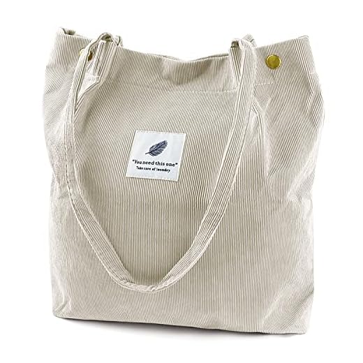 Ayieyill Corduroy Tote Bag for Women Canvas Shoulder Cord Purse with Inner Pocket（Beige）