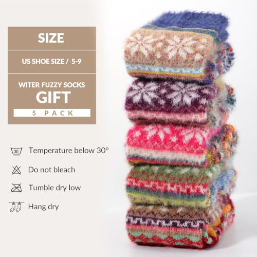 Trifabricy Fuzzy Socks for Women, 5 Pairs Retro Nordic Knit Warm Crew Socks - image 6