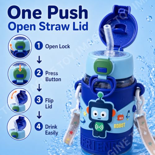 Image of Toy Imagine Kids Sipper Water Bottle for School with Strap, Hard Plastic BPA-Free Spill-Proof & Leak-Proof Water Bottle for Boys & Girls, Lightweight Travel-Friendly Bottle (520ml, Dark Blue)