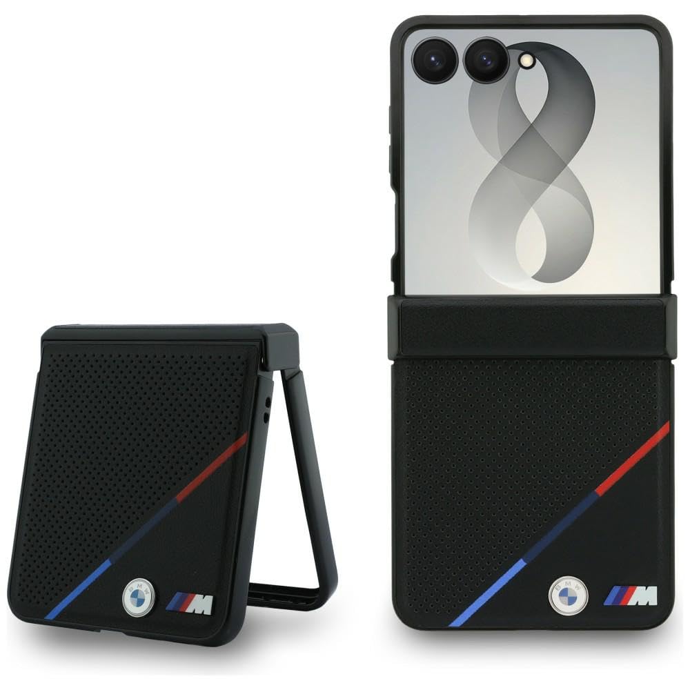 CG MOBILE BMW M Pelle Perforata Strisce Tricolore Loghi Metallo Compatibile con MagSafe Custodia per Samsung Galaxy Z Flip8 (Nero)