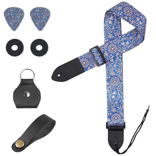 Image of Adjustable Guitar Strap Includes 2 Strap Locks & 2 Matching Picks & 1 Picks Holder & 1 leather Strap Button.