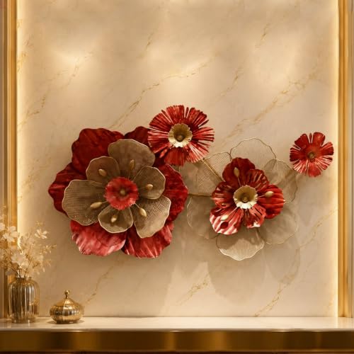 Image of ZOVE Radiant Rooms Metal Flower Wall Art for Living Room | Modern 3D Floral Wall Decor | Premium Iron Wall Hanging for Bedroom, Dining Room, Hallway & Office | 40 x 21Inch | Red & Gold