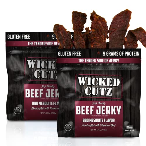 Image of Wicked Cutz BBQ Mesquite Beef Jerky, 21g Protein Per Bag, Tender & Easy to Chew Alternative to Beef Sticks, USA Made High Protein Carnivore Snacks (2 Bags)