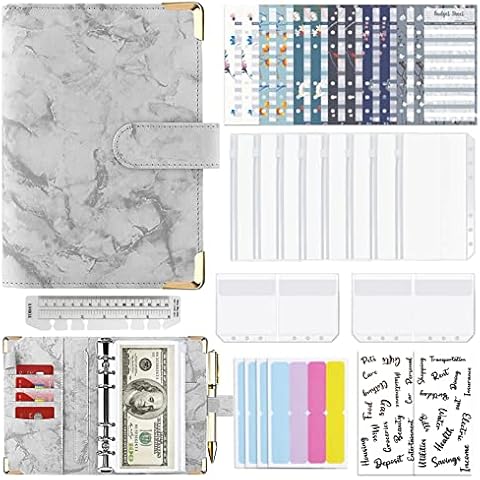Budget Binder, A6 PU Leather Marble Ring Binder, 30 pcs Money Binder for Cash Saving with Zipper Envelopes, for Budgeting and Saving Money(White) Cover