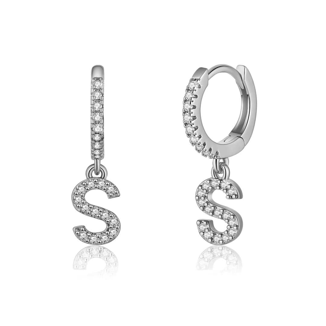 UrsteelInitial Huggie Hoop Earrings for Women, 925 Sterling Silver Post 14K Gold Plated Dainty Cute Hypoallergenic Small Dangle Hoop Cubic Zirconia Initial Earrings Jewelry Gift for Women