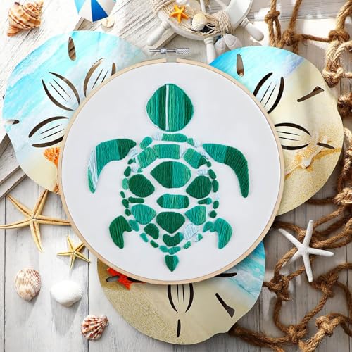 Image of Sea Turtle Embroidery Kits for Beginners Adults, Hand DIY Embroidery Starter Kit, Stamped Cross Stitch Kits for Beginners Adult Craft Kits for Women, Entire Set of Embroidery Supplies & Video Tutorial