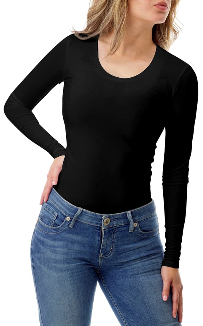 GUBUYIWomen's Plain Long Sleeve Scoop Neck T-Shirt Basic Casual Slim Cotton Tops, Black/O-neck, L