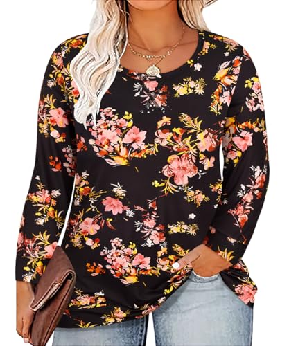 Image of CARCOS Plus Size Tops for Women Color Block Flower /Striped /Camo Crew Neck Long Sleeve Tee Shirt