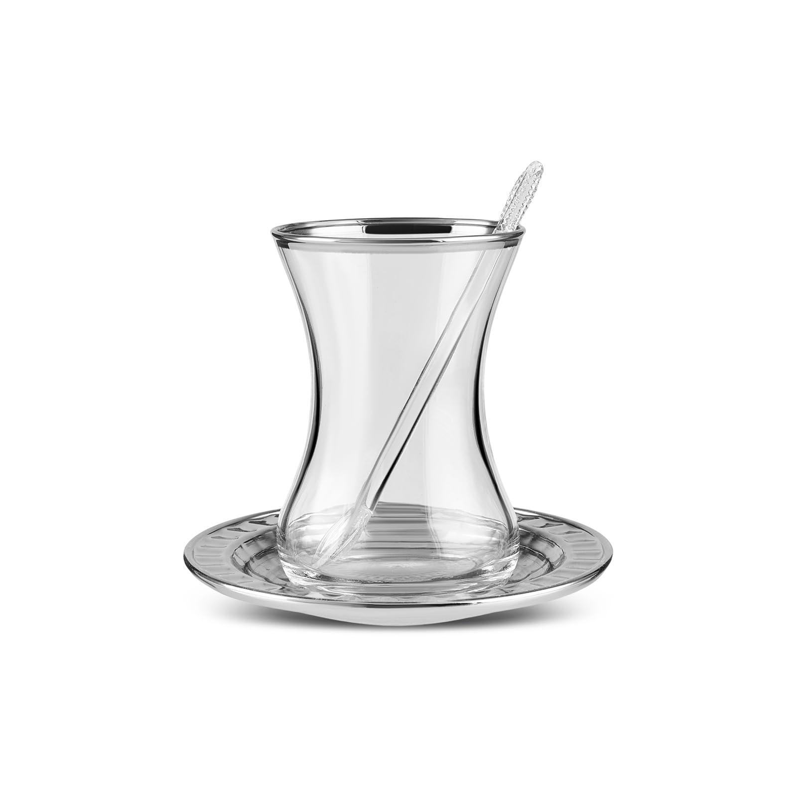 Karaca Deniz Türkische Teetassen 19er Set, Türkische Teegläser Tassen und Untertassen für 6 Personen, inklusive Tablett, Untertassen, Teelöffel, 130ml
