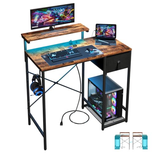 Image of X-cosrack 33.5 inch Small Gaming Desk with LED Lights & Outlets, Monitor Stand | Computer Desk for Bedroom, Writting Studying Table with CPU Stand& Charging Station