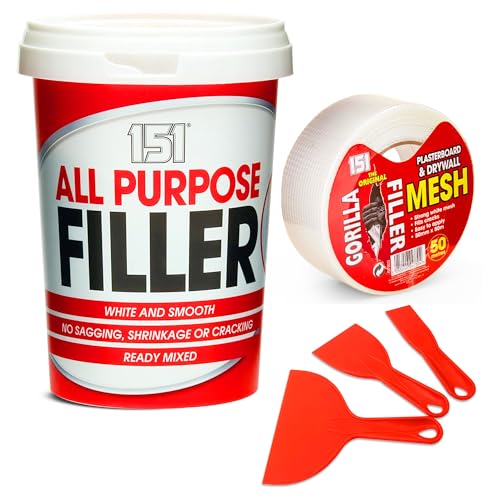 Self-Adhesive Mesh Scrim Tape 50M – Strong Fibreglass Joint Repair Tape for Wall & Ceiling Cracks | Includes 3-Piece Filler Scraper Kit & All Purpose Filler for Drywall, Plasterboard, Ceilings