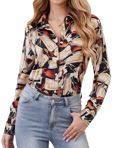 BBIBBI Womens Casual Shirts Long Sleeve Business Tops Trendy Spring Dressy Blouses Button Down Shirts Satin Blouses for Women Black Pattern3 XL