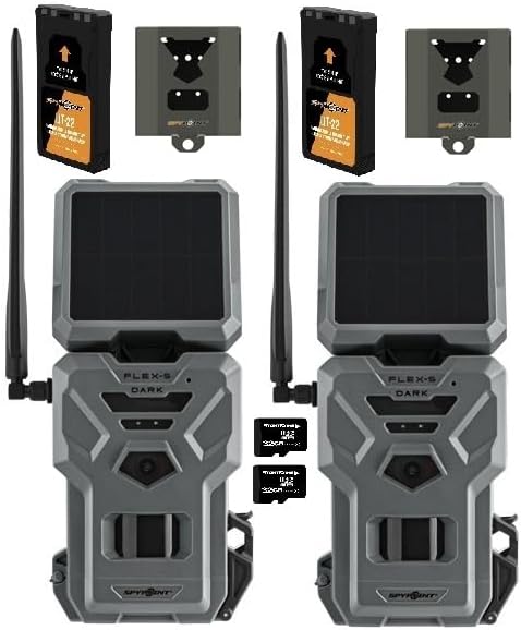 Flex-S Dark Solar Cellular Trail Camera, Integrated Solar Panel, On-Demand Capable, LTE Connectivity, 100-foot Detection Range with LIT-22 Batteries SB-500S Lock Box 32GB SD Cards (2 Pack)