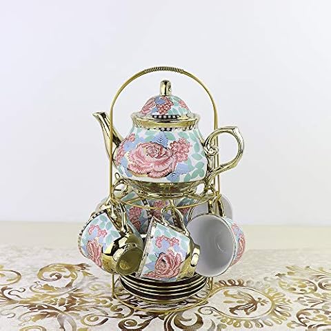 Ray-Velocity Europäisches Königliches Elfenbein Porzellan Tee Set Weinlese Kaffee Set Mit Metall Ständer tasse Kaffeetasse Untertasse Keramik Teetasse Cover